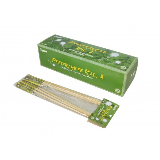 Pfeifrakete Kal. A mit Silberschweifaufstieg und Knall Display (10x6)